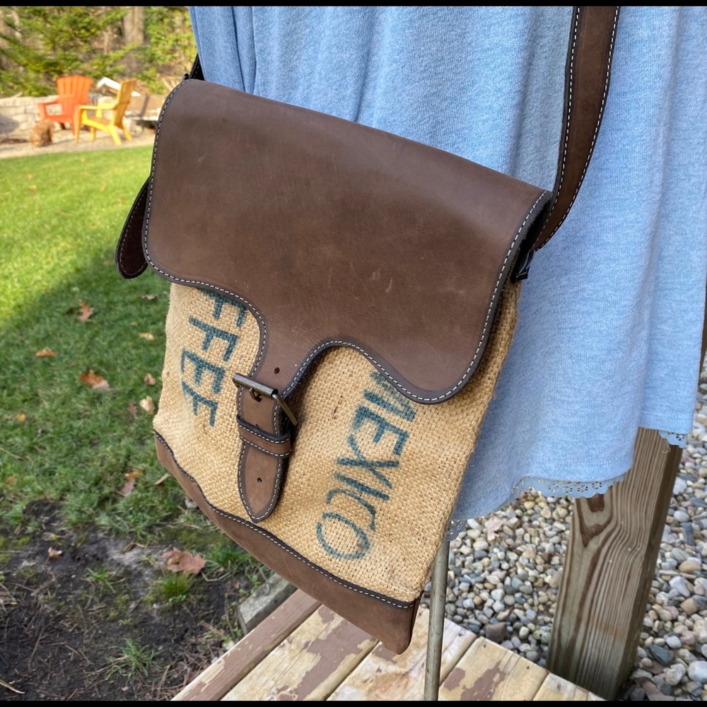 NOS Leather & Burlap CROSSBODY Bag Mexican Purse